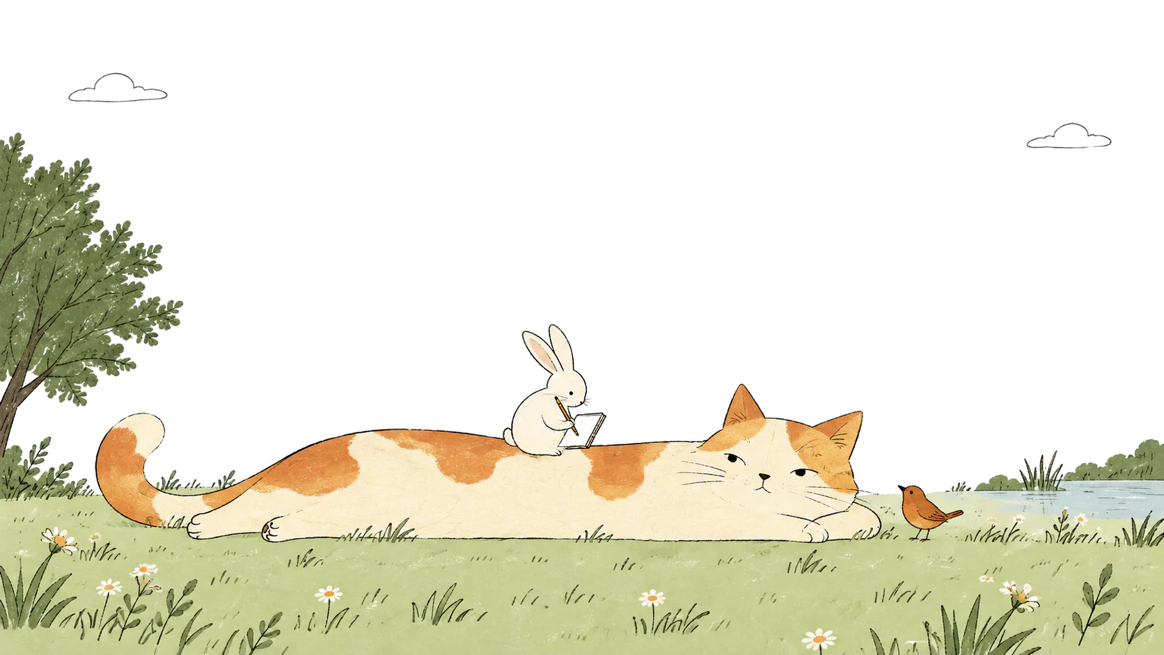 A rabbit sits on the back of a long orange and cream cat, sketching in a notebook.